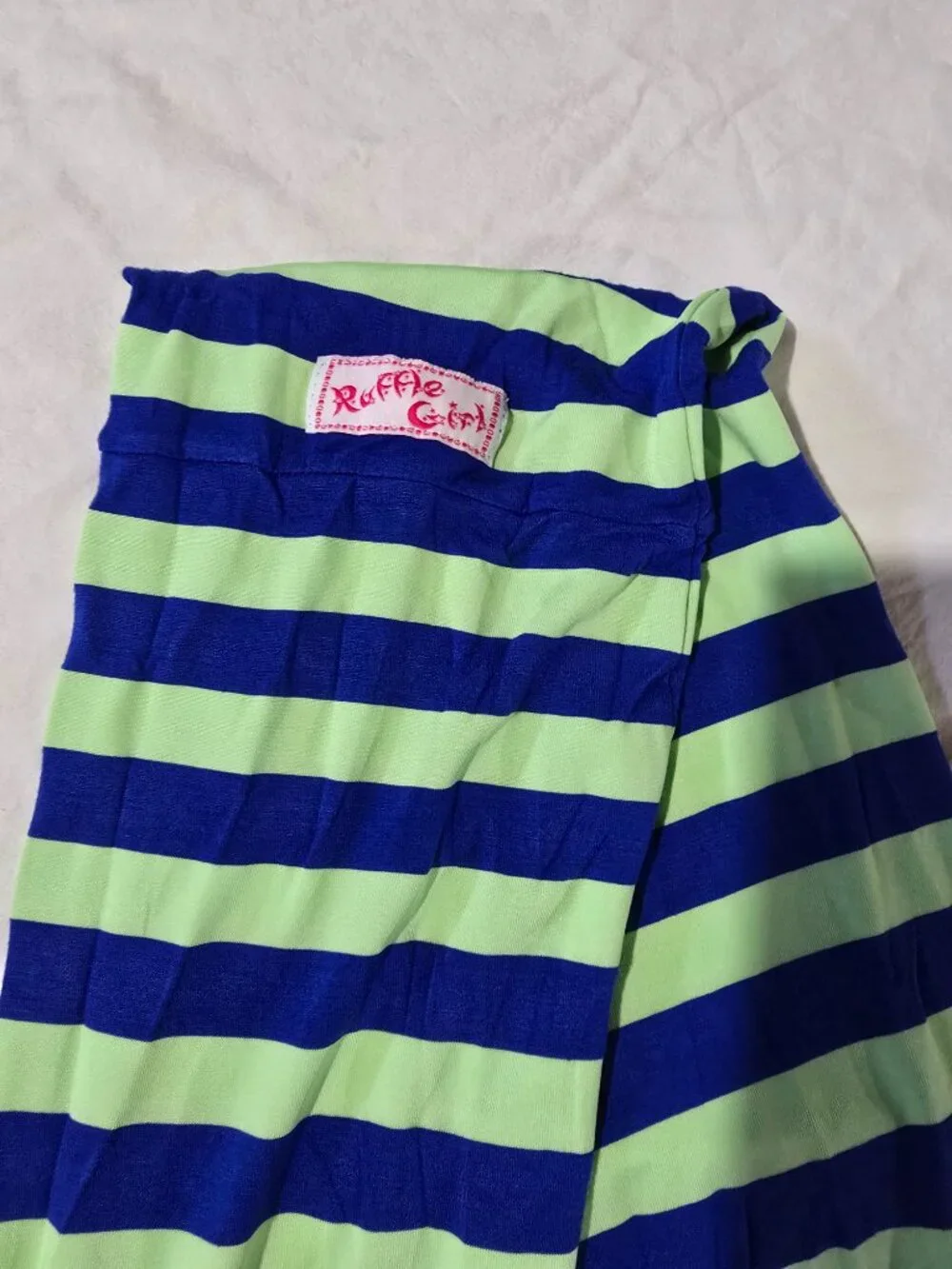 Ruffle Girl Infinity Scarf – Blue and Lime Green Striped – Lightweight Accessory